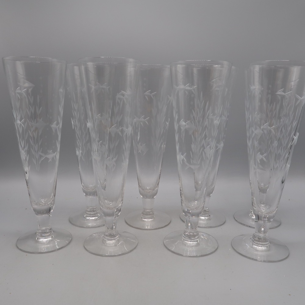Princess House Heritage Cut Fish Etched Footed Pilsner Beer Glasses Set of 8